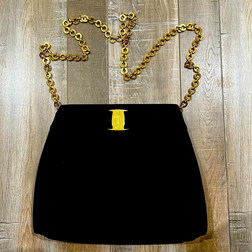 Salvatore Ferragamo VARA BOW black suede bag with gold chain 11” T x8” W CLASSIC